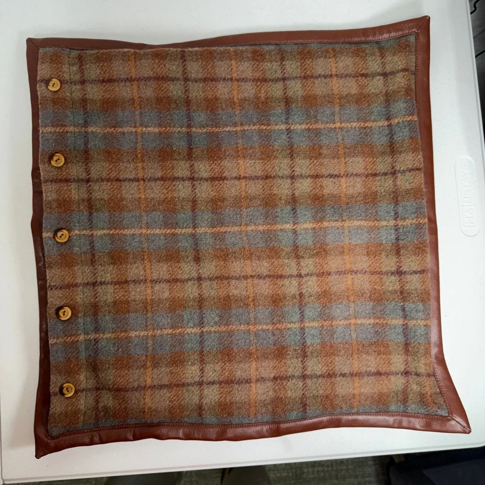 VTG Ralph Lauren Pillow Sham Bedford Hunt Plaid Wool Leather Trim Wood Buttons